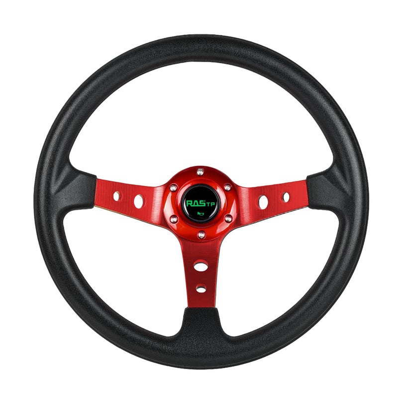RASTP Universal Racing Steering Wheel,Drifting Deep Dish Steering Wheel 13.8â€/350mm 6 Bolts Grip Vinyl Leather & Aluminum with Horn Button for Car -Red - Image 1
